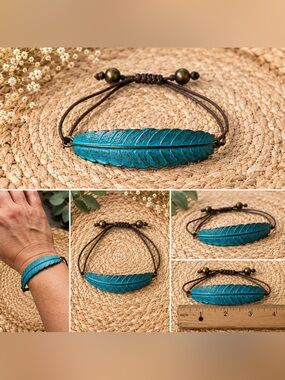 Turquoise Feather Adjustable Bracelet Boho Western Jewelry
